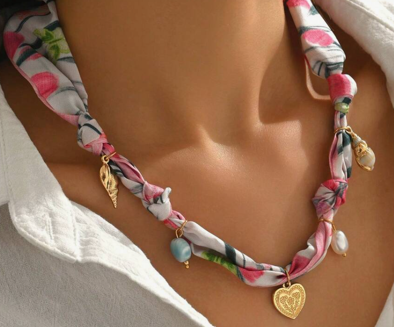 Coastal Gold Charms & Pink Navy Scarf Necklace